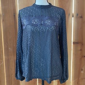 LOFT Gray lace mosaic floral sheer long sleeve blouse